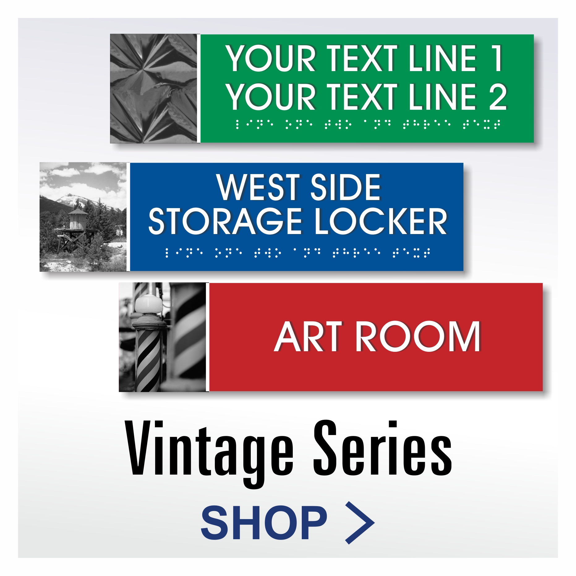 Vintage Series decorative braille room ID signs